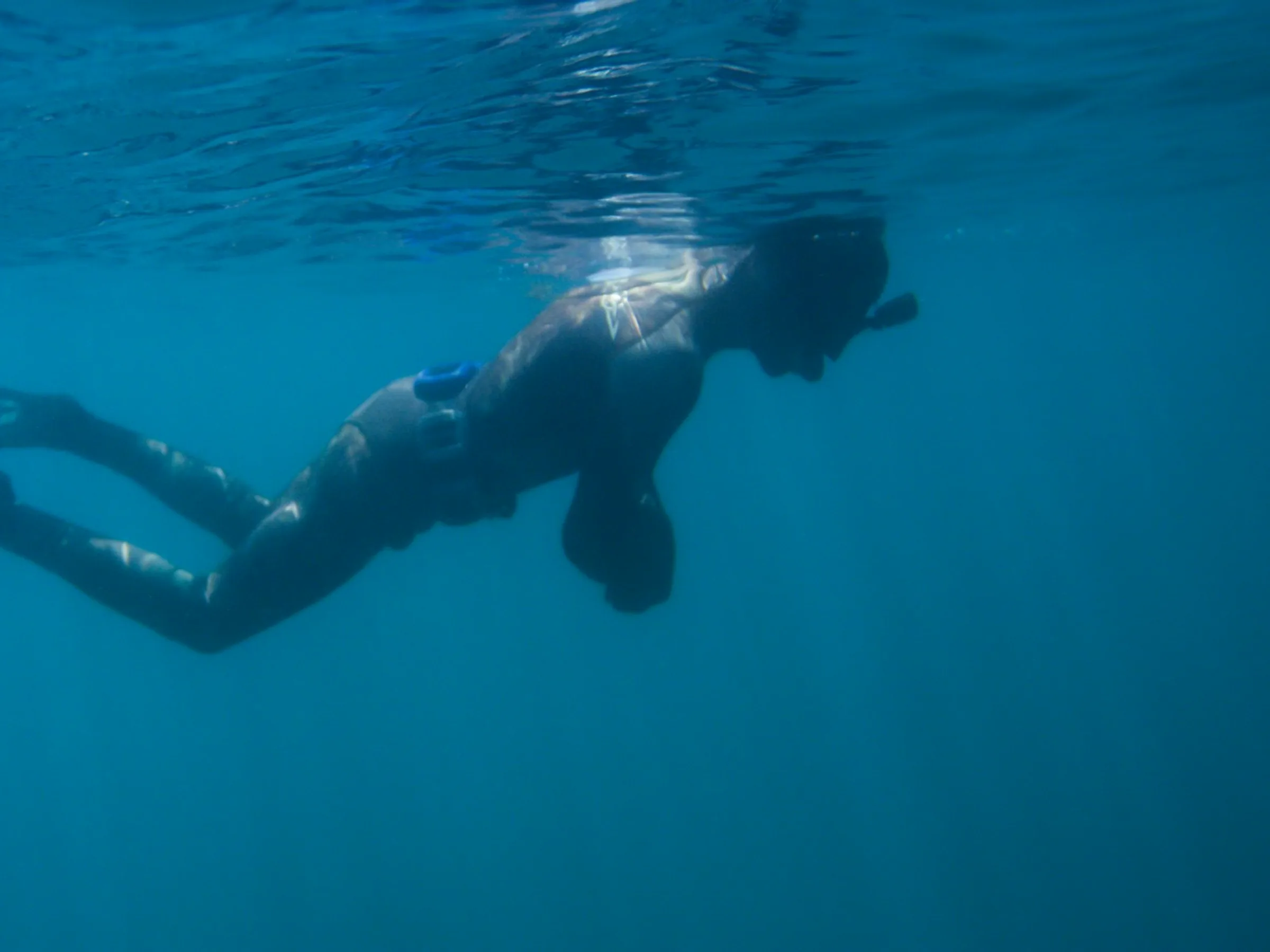 Freediver gracefully descending into blue water